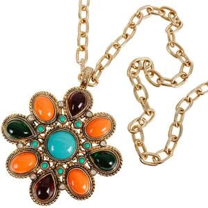 Signed Graziano CN Cabochon Medallion Pendant Necklace Chunky Baroque Revival